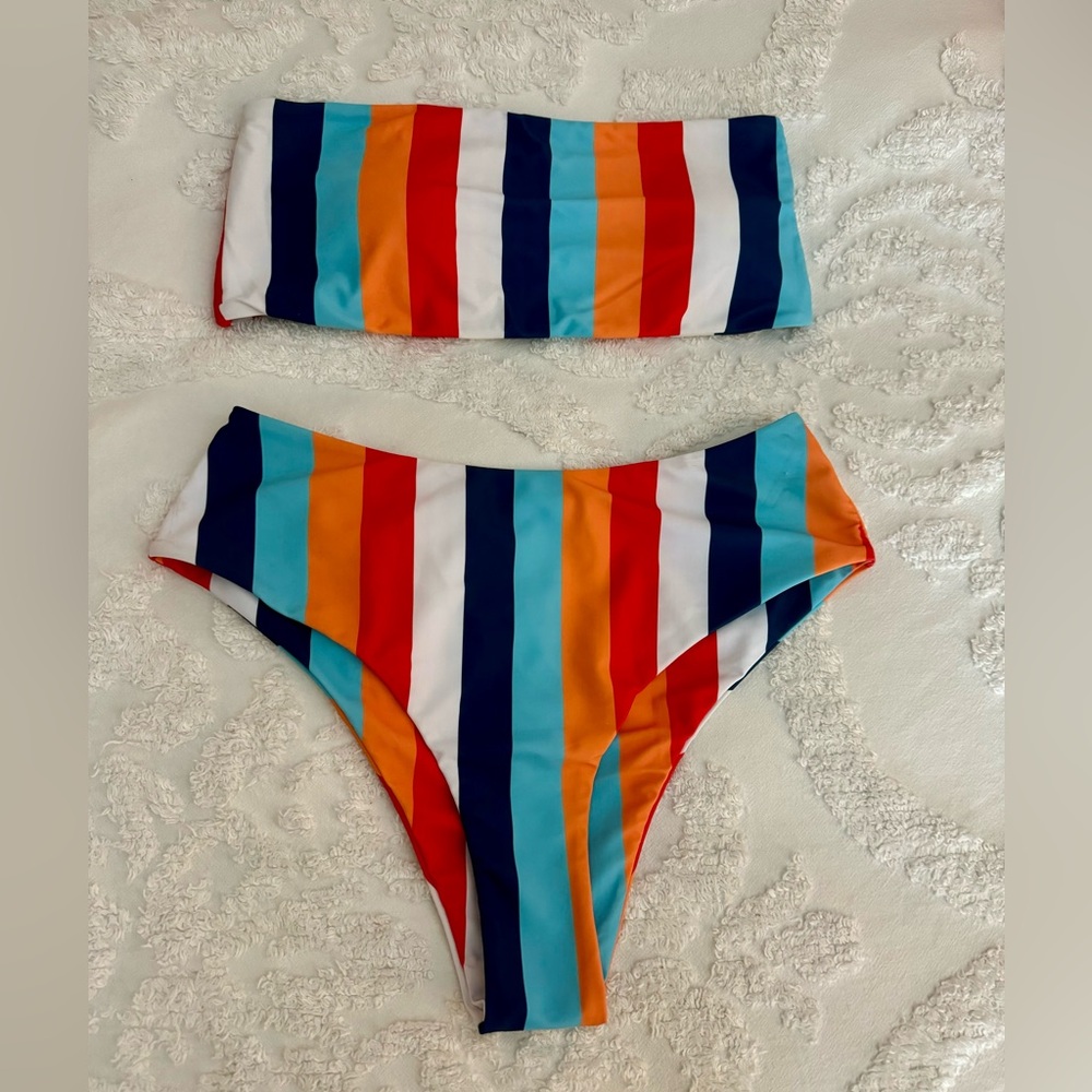 NWOT SHEIN HAPPY STRIPES BANDEAU TOP HIGH-WAIST 2 PIECE BATHING SUIT SIZE LARGE